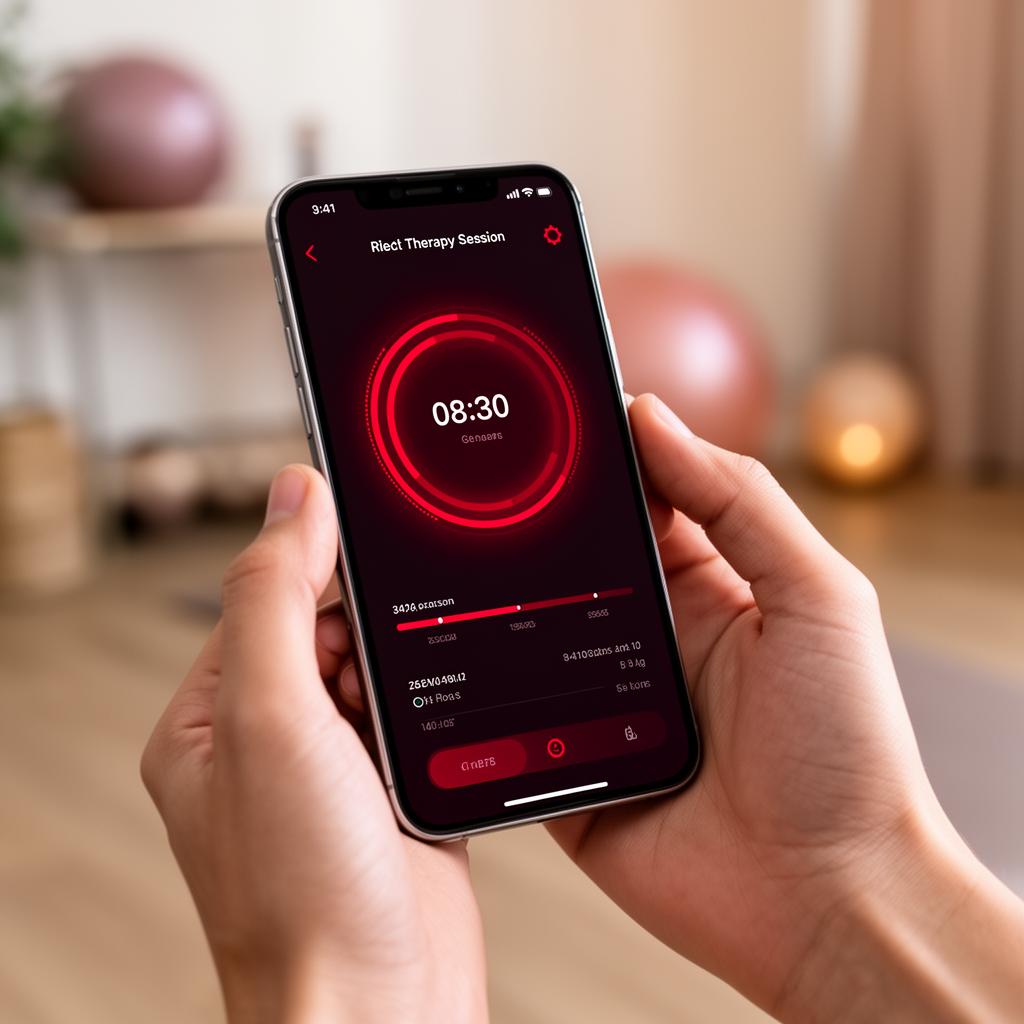 EnergyLounger companion app showing a red light therapy session timer