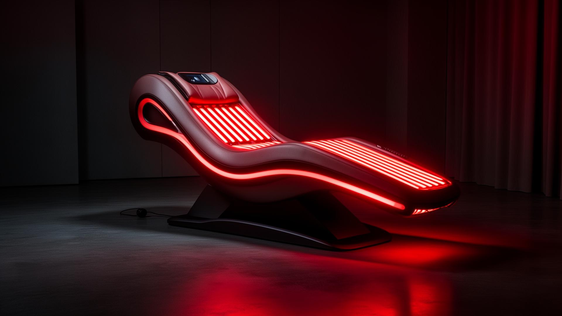 EnergyLounger ergonomic full-body red light therapy recliner glowing in a dark showroom