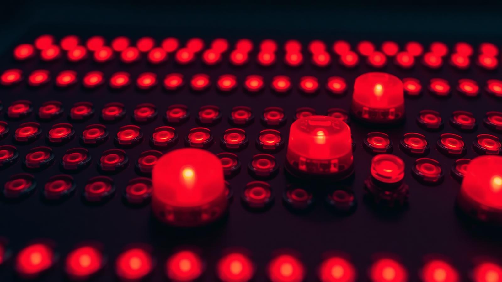 Dense array of red therapy LEDs glowing in a precision grid