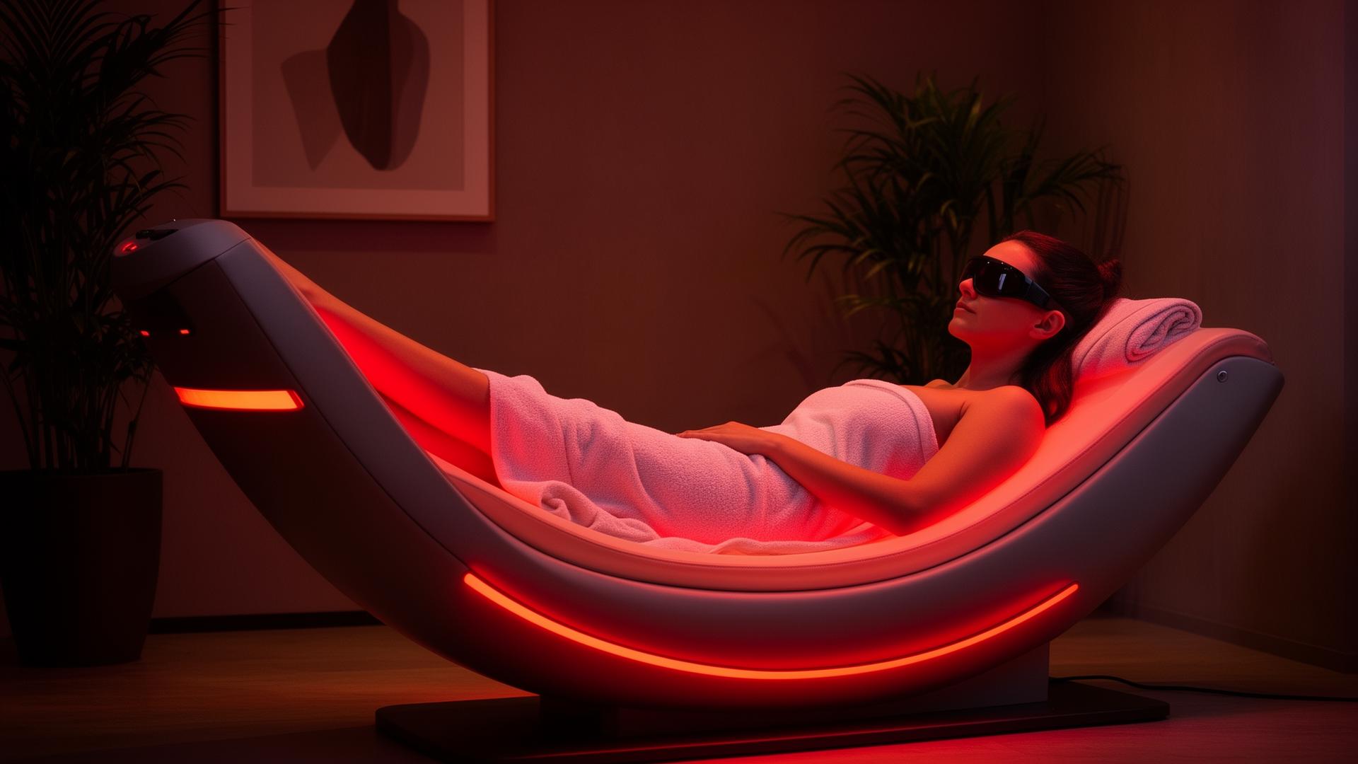 Woman relaxing in the EnergyLounger during a red light therapy session