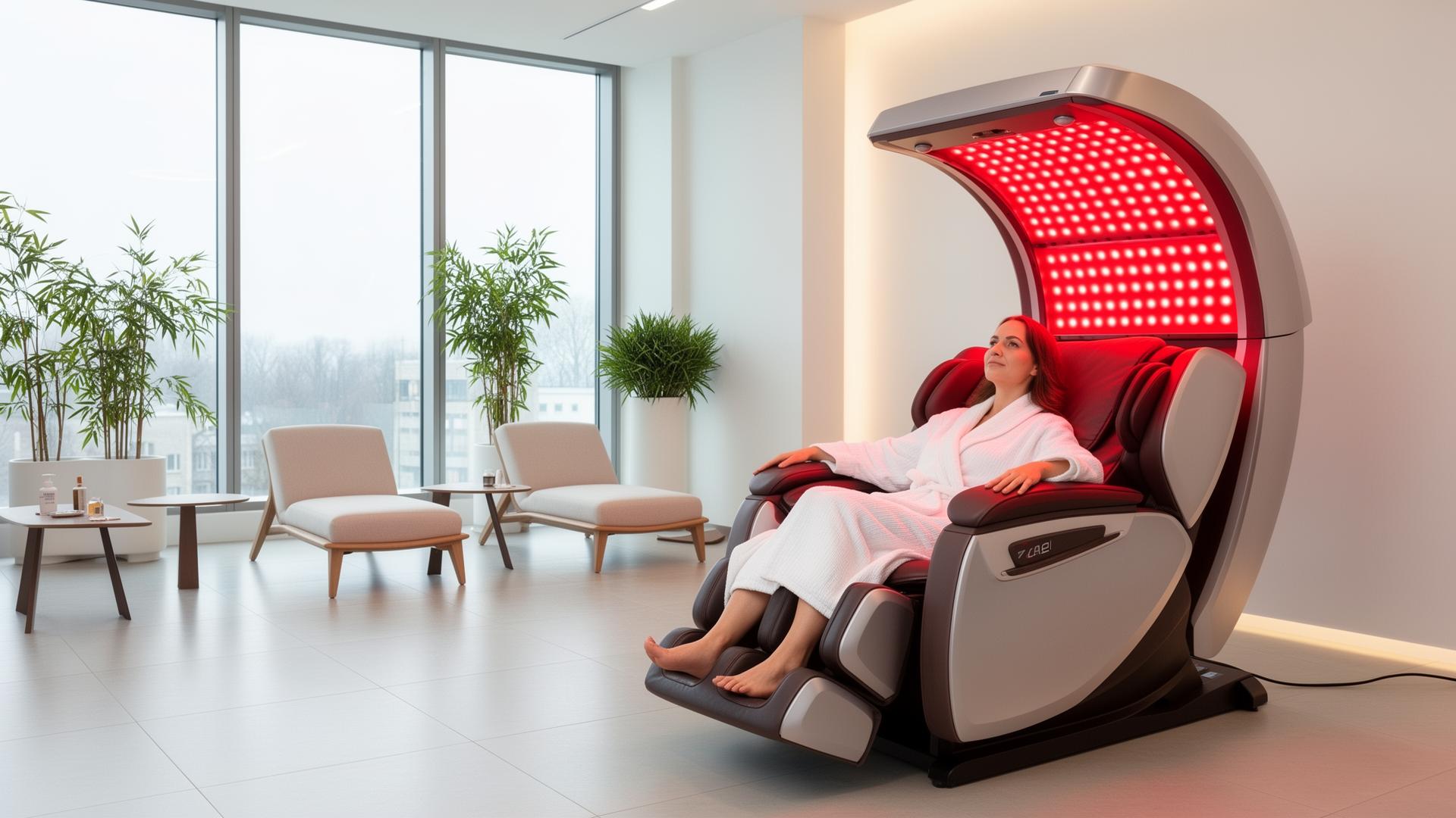 Woman in robe relaxing in a modern wellness clinic next to the EnergyLounger